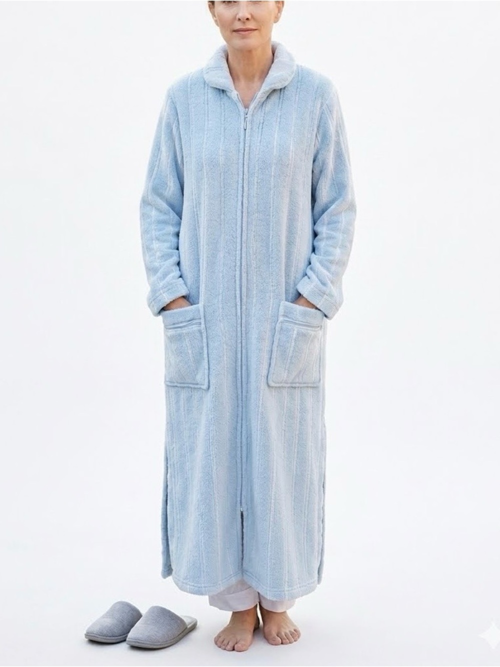 😴Adonna Cozy Full-Length Zip Robe Coat in Light Blue Size Large